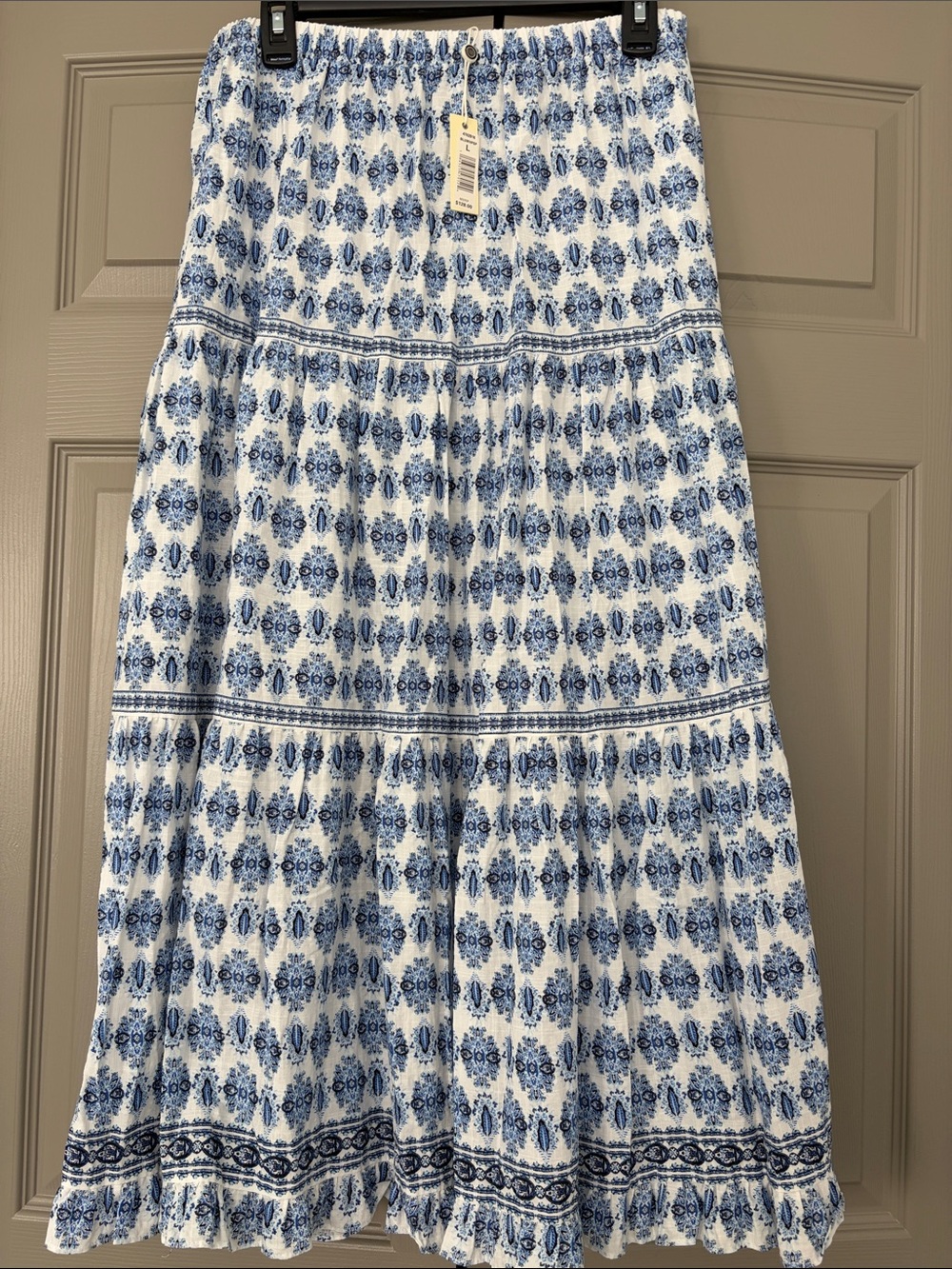 Max Studio Blue and White Printed Tiered Midi Skirt